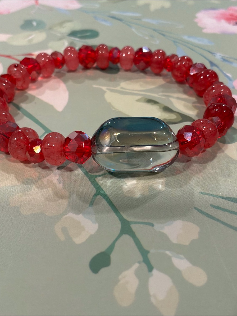 Red Beaded Stretch Bracelet with Clear Accent Bead Stunning One Sz fits most